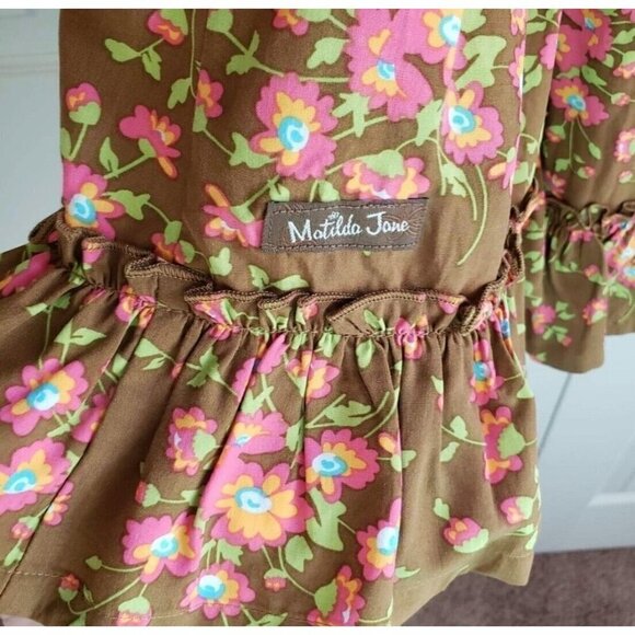 Matilda Jane Sz M Brown Pink Floral Print Ruffle Criss Cross Back Tank Top Women - Picture 7 of 16